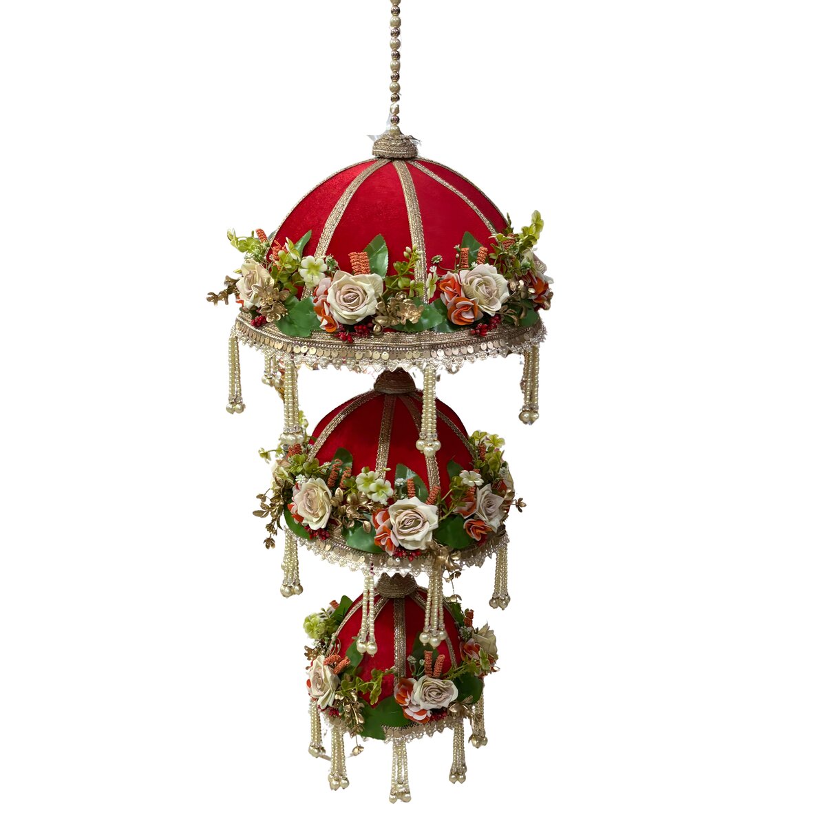Three-tier velvet chattar in royal red and gold