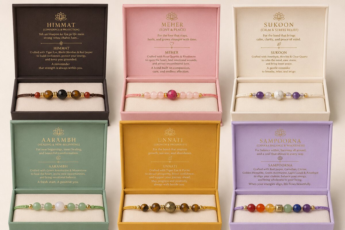 Six crystal rakhis in the Ritual Collection box